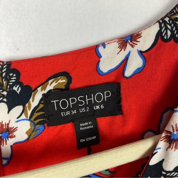 Topshop Red Tropical Floral Tea Dress V-Neck Shoret Sleeve Size 2 Back Zipper - Picture 6 of 6